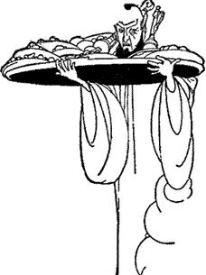 The genie disappeared, but returned in an instance with twelve silver dishes.